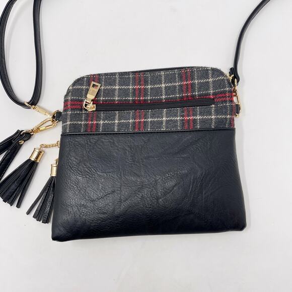 Jen & Co Black Gray Red Izzy Plaid Crossbody Bag Vegan Leather Zip Top Pockets - Picture 6 of 10